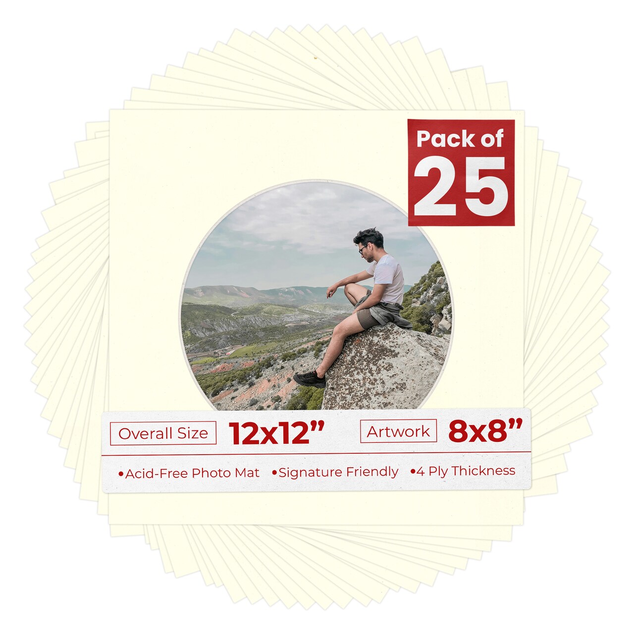 Cream Linen Mat Board for 12x12 Frames - Circle Opening for 8x8 Photos